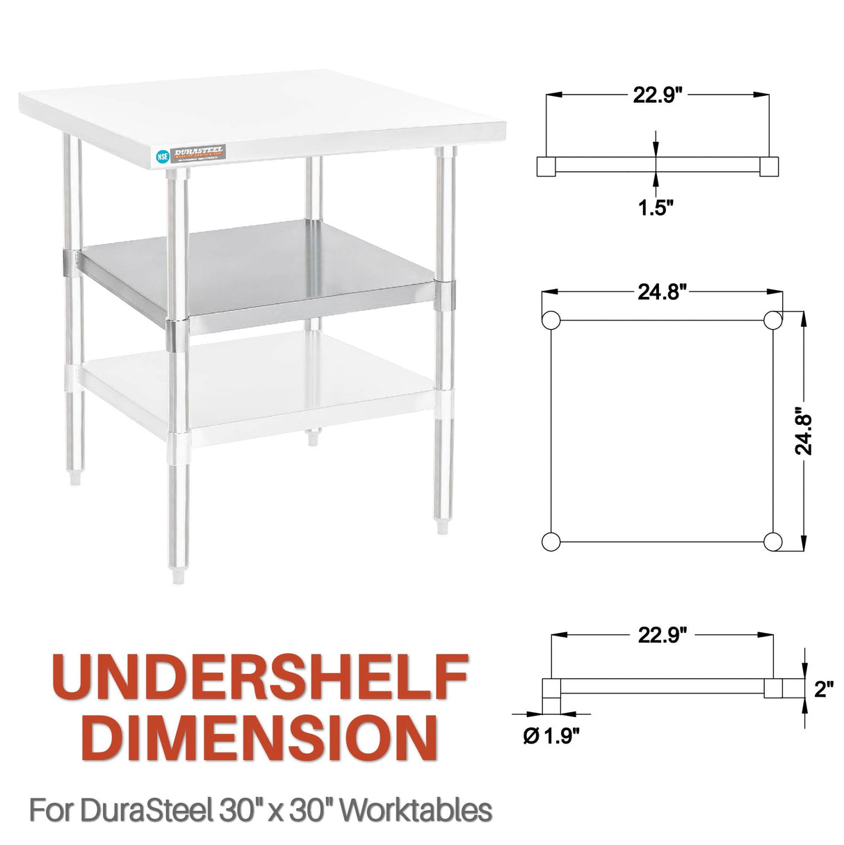 DuraSteel Galvanized Under Shelf for Work Tables - Extra Adjustable Lower Shelf for 30" x 30" Stainless Steel and Wooden Worktables - Fits for use in Restaurant, Warehouse, Home, Kitchen, Garage