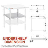 DuraSteel Galvanized Under Shelf for Work Tables - Extra Adjustable Lower Shelf for 30" x 30" Stainless Steel and Wooden Worktables - Fits for use in Restaurant, Warehouse, Home, Kitchen, Garage