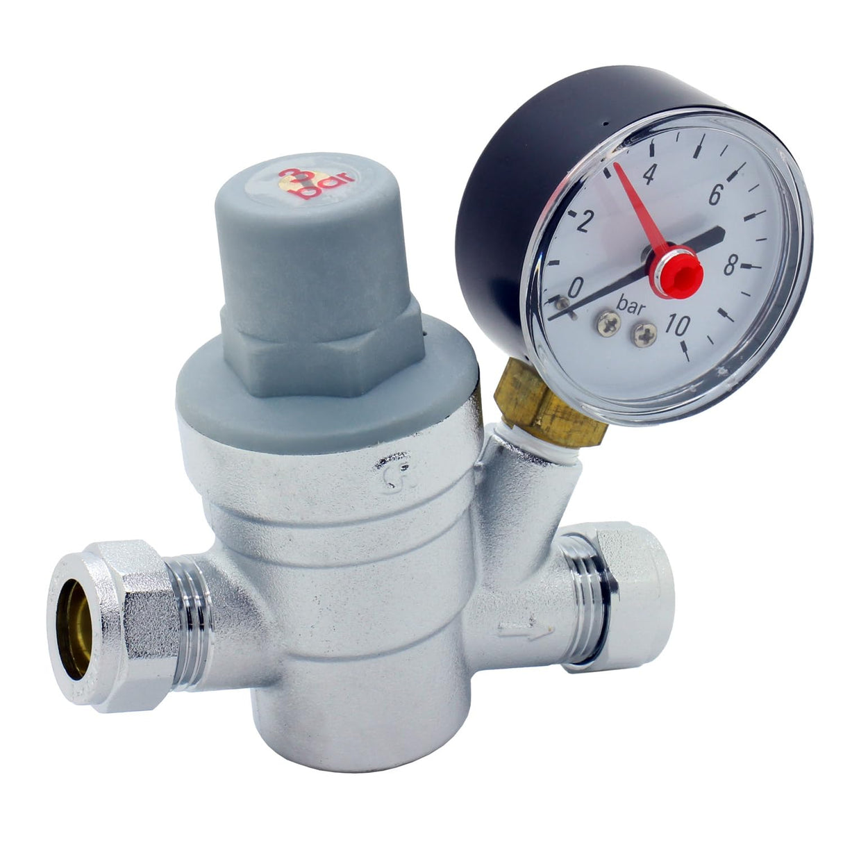 Unvented Components Europe Pressure Reducing Valve with Gauge, Model UN-42-3, 15mm, Adjustable 1-6 Bar, Chrome/Black
