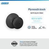 Schlage F40 PLY 622 Plymouth Door Knob, Bed & Bath Privacy Lock, Matte Black