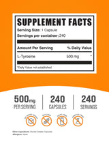 BulkSupplements.com L-Tyrosine 500mg Capsules - Tyrosine Supplement, Amino Acid Supplement - Gluten Free, 1 Capsule per Serving, 240 Capsules (Pack of 1)