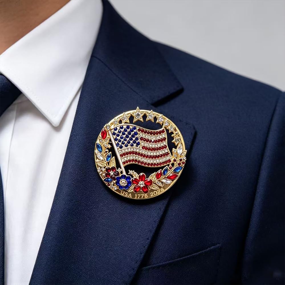 250th Anniversary Enamel Brooch Pin, 1776-2026 Patriotic Floral Star Badg American Birthday Rhinestone Flag Lapel Pin for Independence Day Veterans Souvenir Gift Jewelry (2PCS)
