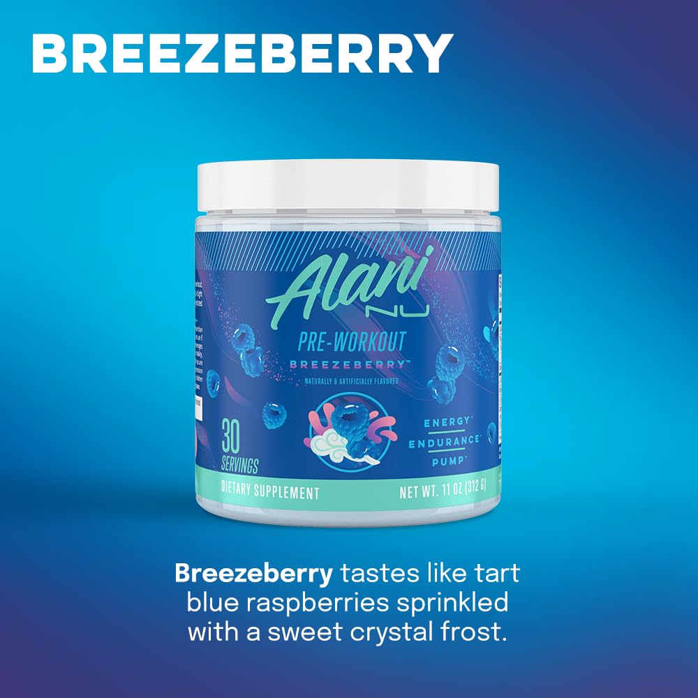 Alani Nu Pre Workout Powder BREEZEBERRY, Amino Energy Boost, Endurance Supplement, Sugar Free, 200mg Caffeine, L-Theanine, Beta-Alanine, L-Citrulline, 30 Servings