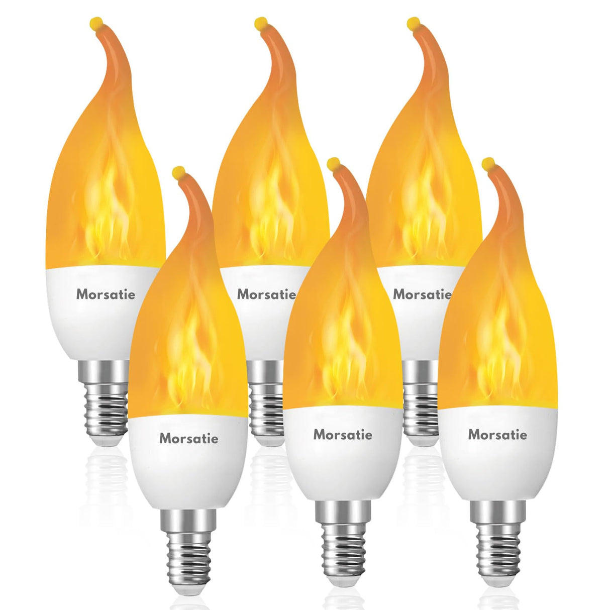 Morsatie Upgraded Flame LED Flame Light Bulbs, 3 Mode E12 Flickering Light Bulbs, Chandelier Base Candle Fire Light Bulb for Halloween Christmas Party Porch Patio Indoor Outdoor Decoration-6 Pack