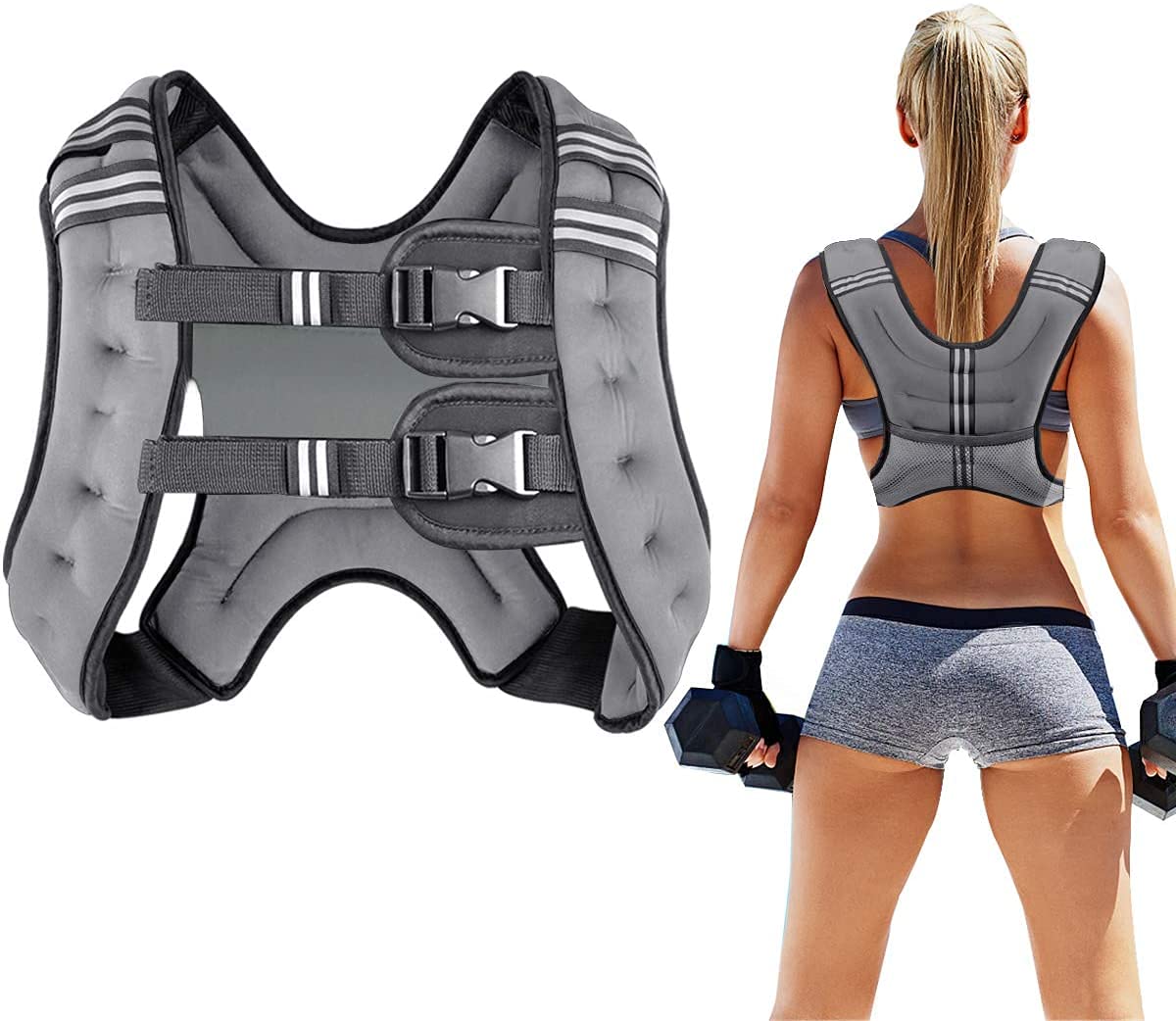 Prodigen Weighted Vest for Women and Men 8 Lbs with Reflective Stripe and Double Adjustable Buckle Straps Weight Vests for Strength Training, Jogging, Cardio, Weight Loss, Muscle Building, Gray