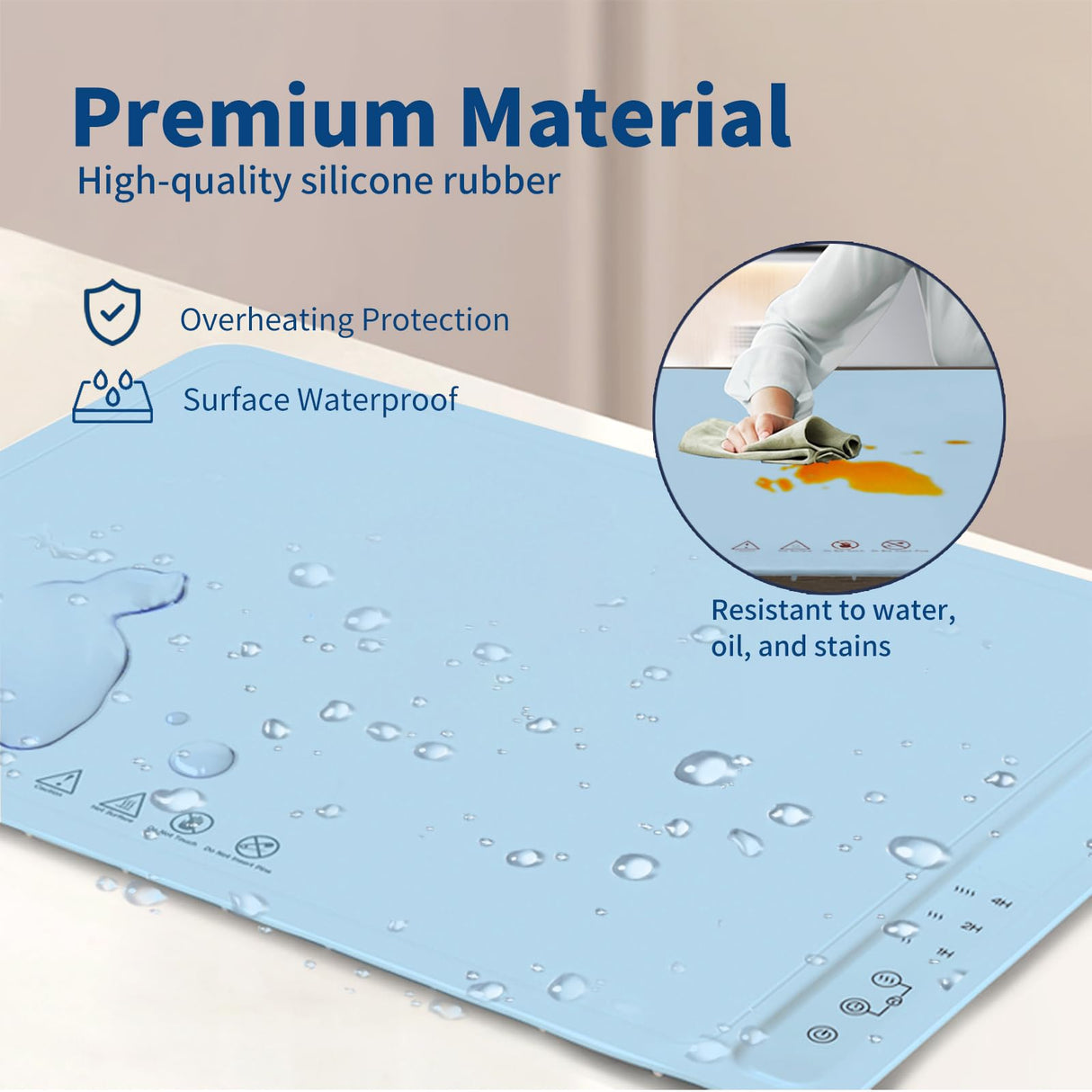 Fast Heating Warming Mat for Food with 3 Temperature and 4 Timer Settings,Waterproof Fexible Silicone Food Heating Mat with UV Coating Easy to Clean and Storage(Blue, 60x40CM)