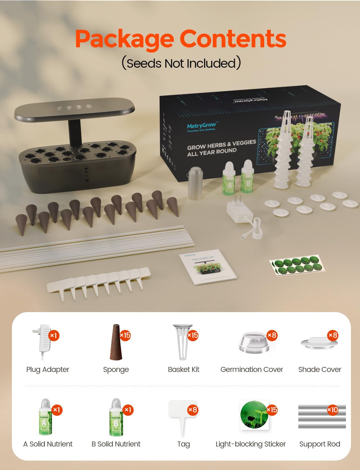 MG-15 Hydroponic Growing System Kits, Smart Indoor Garden with 24W Grow LED Light Full Spectrum, 15 Pods Herb Garden Planter Indoor Gardening for Gifts, Kitchen