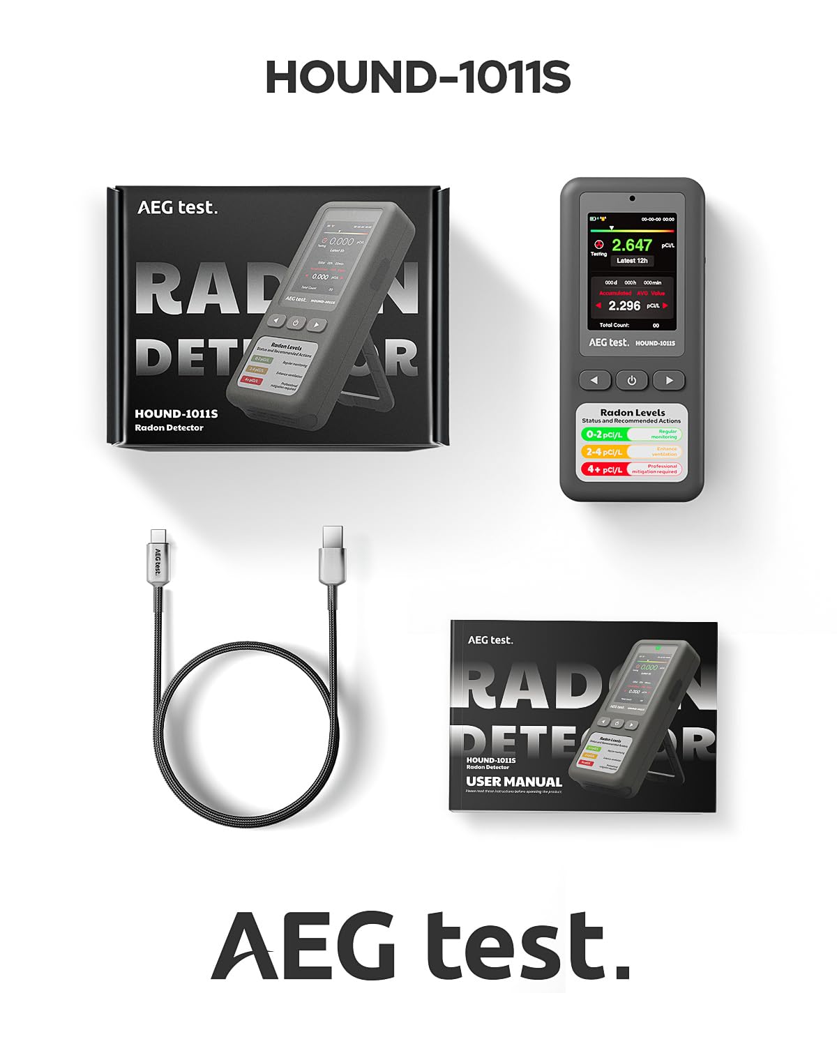 AEGTEST HOUND-1011S Portable Radon Detector, High-Accuracy Sensor for Home, Lightweight, Audible & Visual Alarms, Long-Term Monitoring, Easy-to-Use Radon Tester in pCi/L or Bq/m³ for Basement