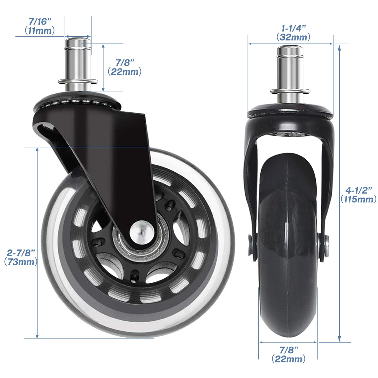 Huracan Office Chair Wheels, Set of 5, Replacement Rubber Chair Caster Wheels for Hardwood Floor, NOT Compatible for IKEA, Computer Desk Chair Wheels, Heavy Duty Office Chair Casters