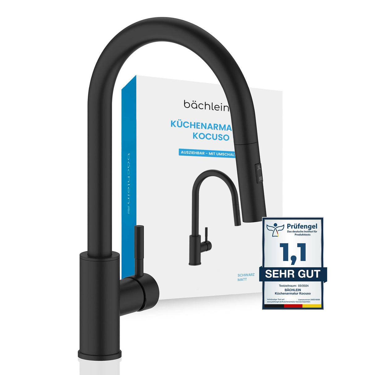 Bächlein Kitchen tap 360° rotatable (matt black) – single-hand basin tap made of stainless steel with pull-out hose and spray head with switch knob, tap for the kitchen