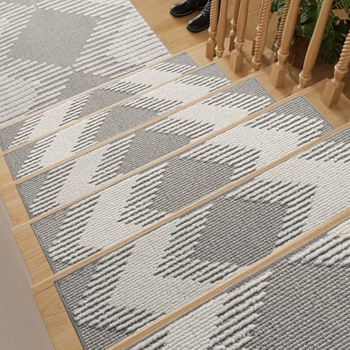 PADOOR 15PC Stair-Treads Non Slip, 3D Peel and Stick Stair Treads for Wooden Steps Indoor, Stair-Carpet Treads Washable Reusable Adhesive Stair-Runner Rugs for Kids and Dogs 8"x30" Grey