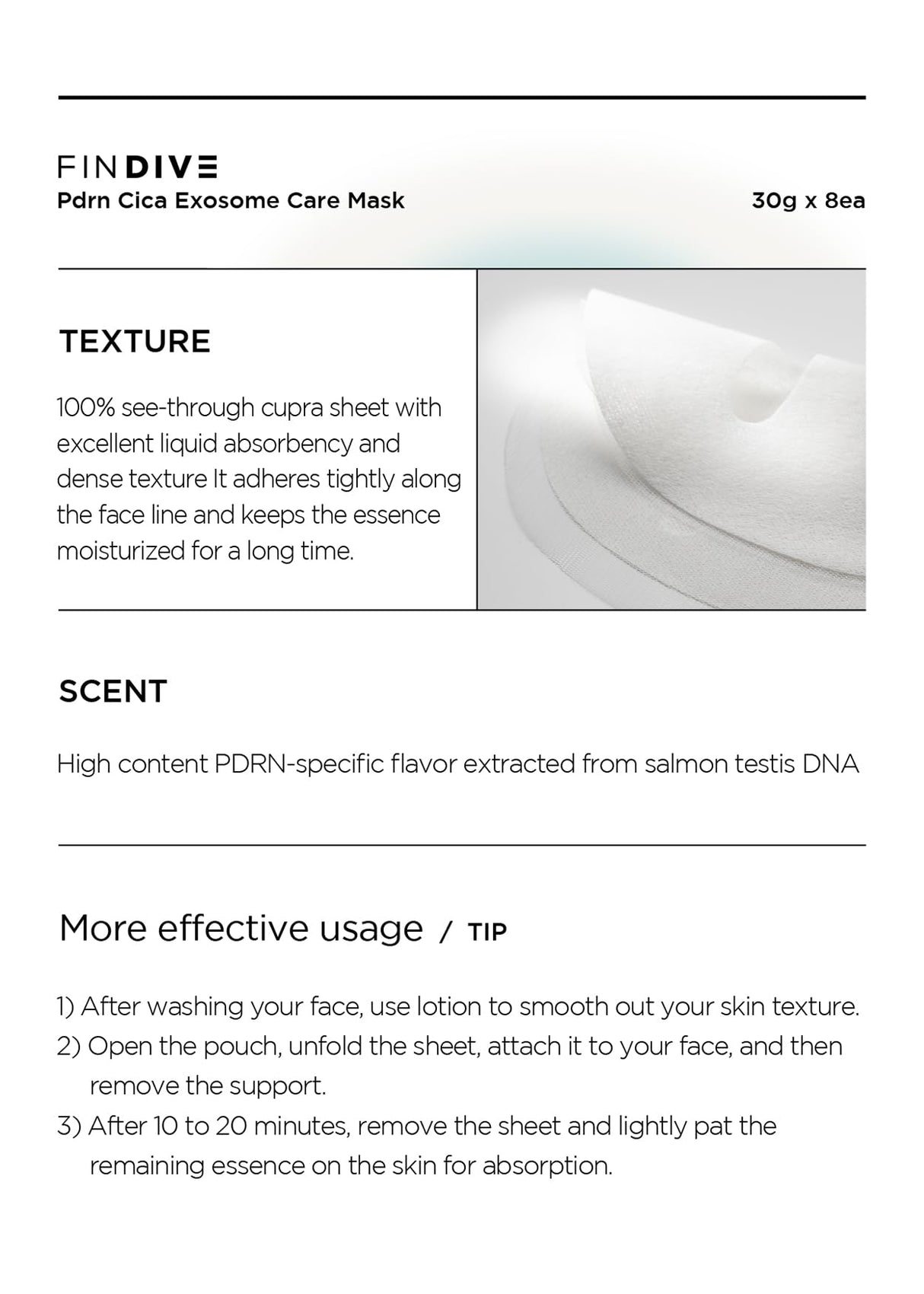 FINDIVE OFFICIAL PDRN CICA Exosome Care Mask, PDRN (Sodium DNA) 5,000ppm, Cica Exosome, Marin Collagen, Soothes, Regenerates Skin, 1.05fl.oz*8