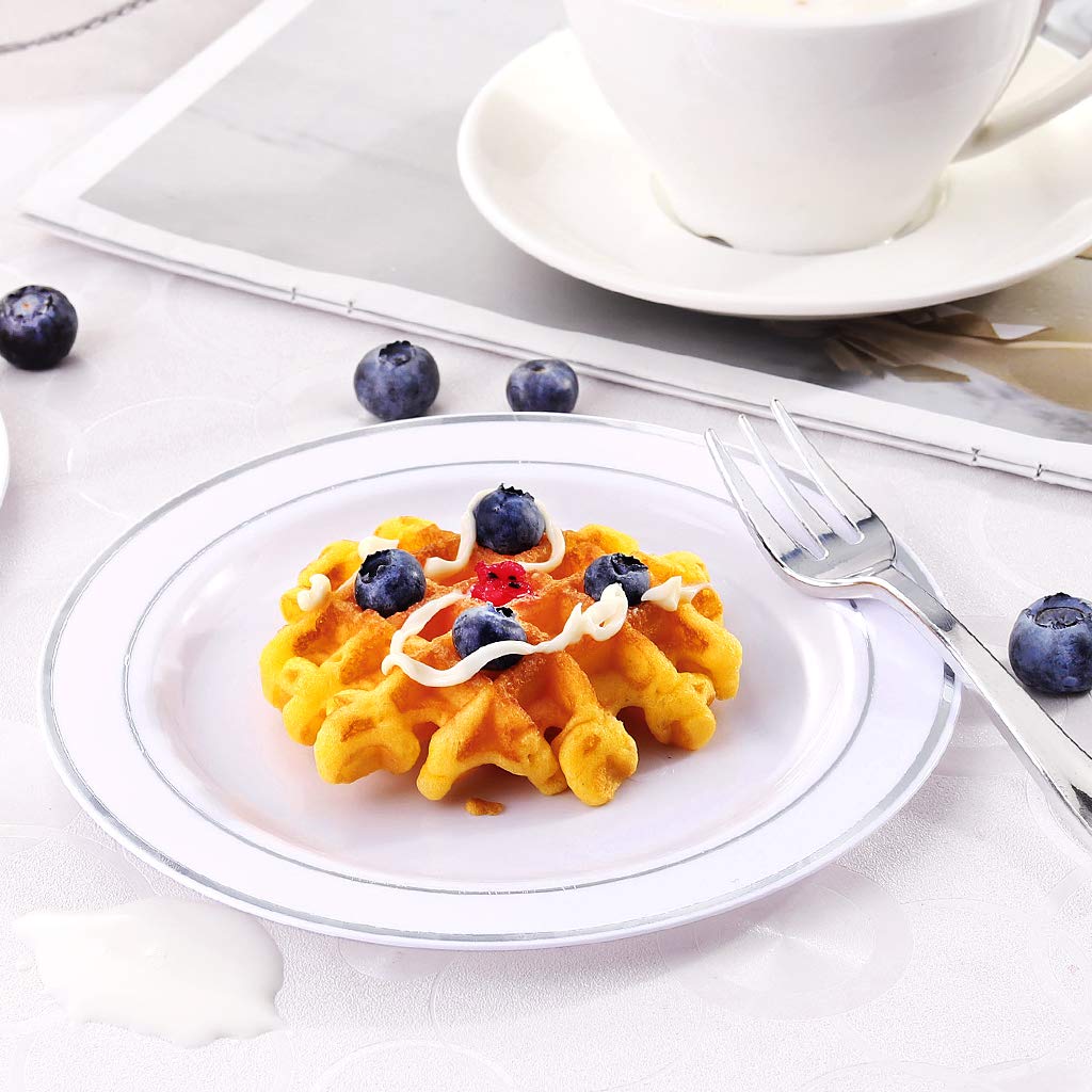 bUCLA 100Pieces Silver Plastic Plates - 6.25inch White with Silver Rim Disposable Salad/Dessert/Appetizer/Small Cake Plates for Weddings, Christmas, Parties&Gathering