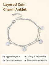 FindChic Stainless Steel Ankle Bracelets for Women, Silver Layered Coin Charm Anklets, Waterproof & Trendy Summer Jewelry