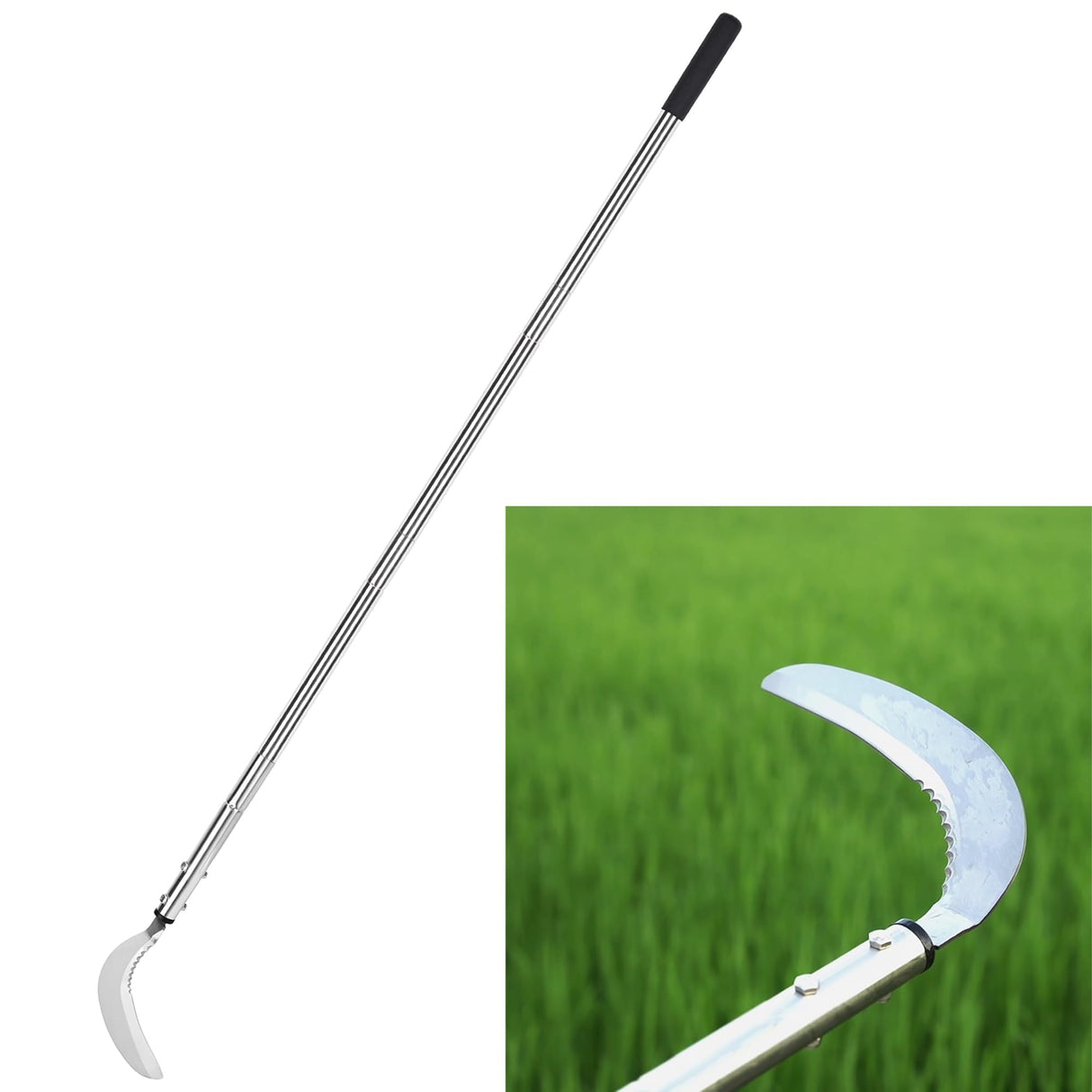YEELOR Weeding Sickle, Serrated & Plain-Edged Combined Steel Scythe 51-Inch Adjustable Long Handle, Lightweight Long-Handled Garden Sickle Tool for Gardens, Yards, Fields & Overgrown Areas
