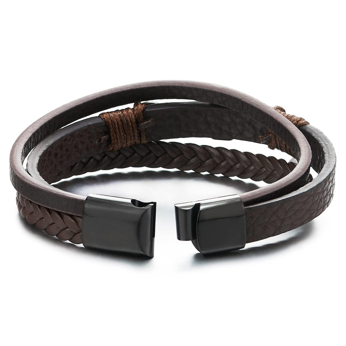 COOLSTEELANDBEYOND Men's Brown Layered Leather Bracelet With Black Cross Bar Centerpiece, Braided and Smooth Strap Design, Black Clasp Wristband, Modern Faith Style Accessory