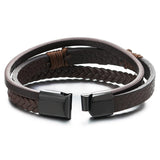 COOLSTEELANDBEYOND Men's Brown Layered Leather Bracelet With Black Cross Bar Centerpiece, Braided and Smooth Strap Design, Black Clasp Wristband, Modern Faith Style Accessory