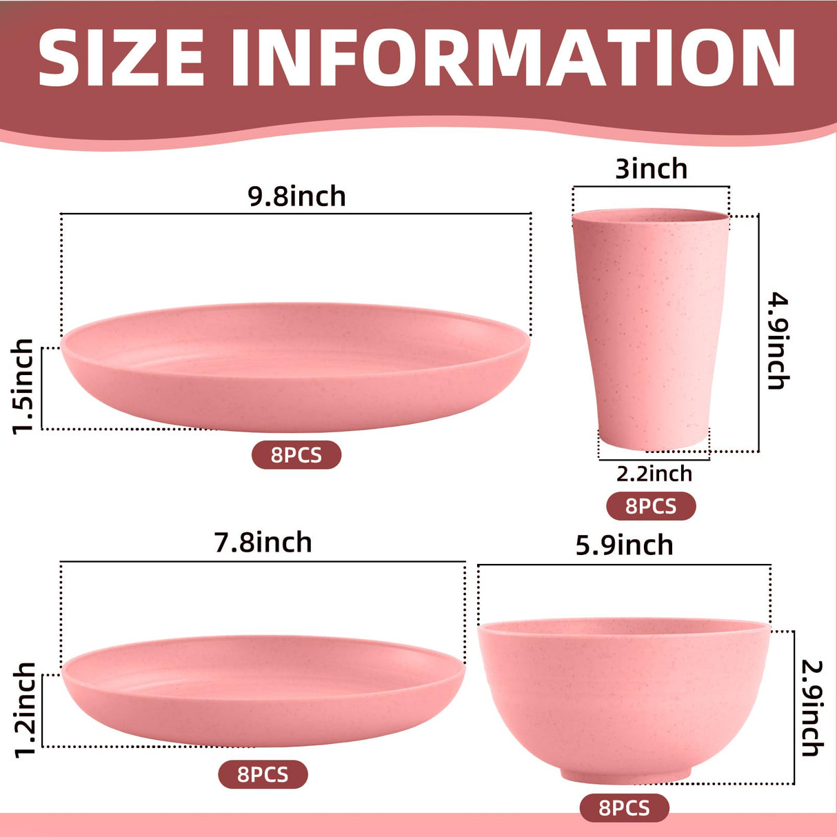 Gudvilla Pink Dinnerware Sets for 8,Pink Plates and Bowls Sets Plastic,Wheat Straw Dinnerware Sets Unbreakable Microwave Safe Lightweight,32 Pcs Christmas Dishes Set for Kids Elderly Kitchen Outdoor
