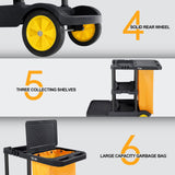 TUFFIOM Extra Large Commercial Traditional Cleaning Janitorial 3-Shelf Cart, 500 Lbs Capacity Housekeeping Cart, 42.5" L x 18.7" W x 37.6" H, Wheeled with 22 Gallon Yellow VinylBag Cover w Lid, Black