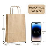 Gift Bags 8.25"X5.9 "X3.15" 100pcs Brown Kraft Paper Bag with Handles for Small Business Christmas Bulk, Wedding, Party Favor, Shopping, Lunch, Halloween Trick-or-Treat Bags