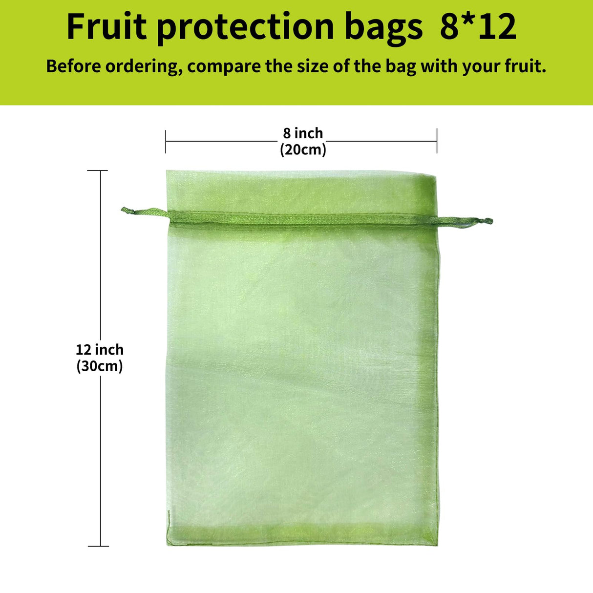 YHJZ 100PCS Fruit Protection Bags, 8x12 Inch Green Fruit Netting Cover Bags Drawstring Mesh Fruit Protectors Pest Barrier for Plant Fruit Flower Veggies Garden