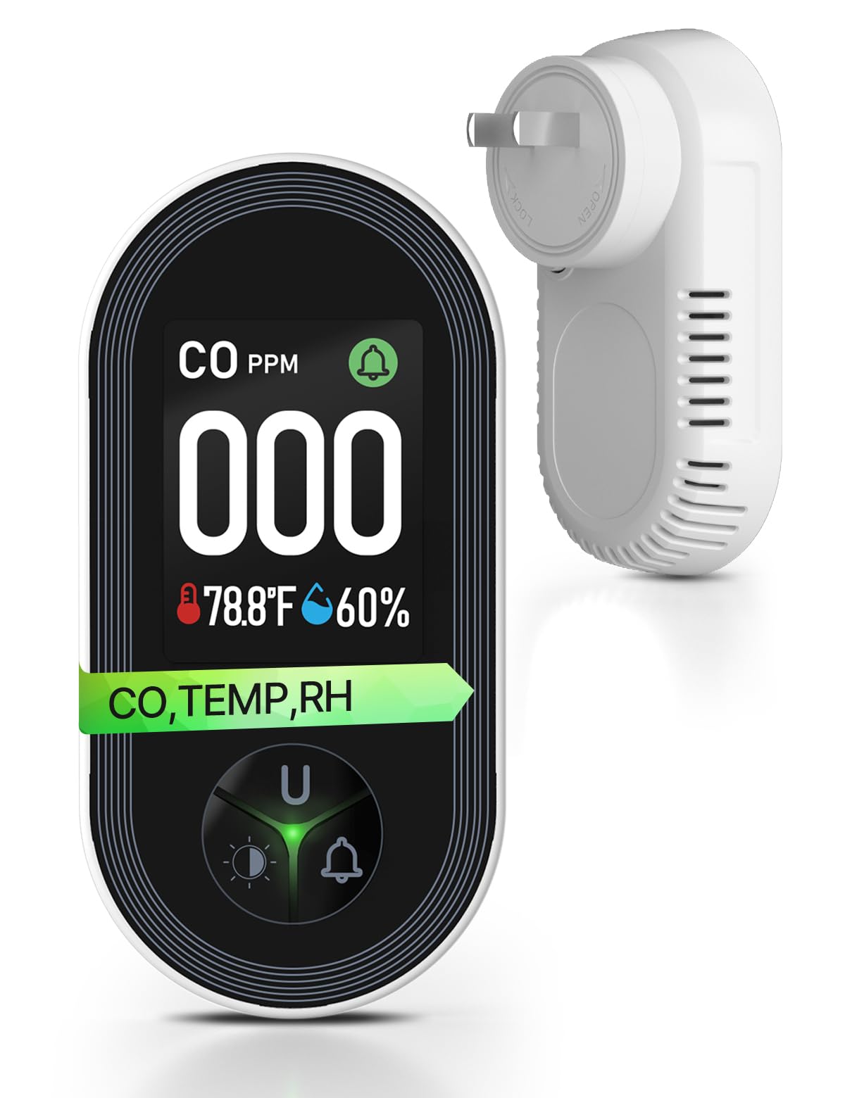 3IN1 Carbon Monoxide Detector Combination Plug in, CO Monitor with Temperature Humidity Sensor Built-in, Alarm Sound Warning for Kitchen/Garage/Fireplace/RV