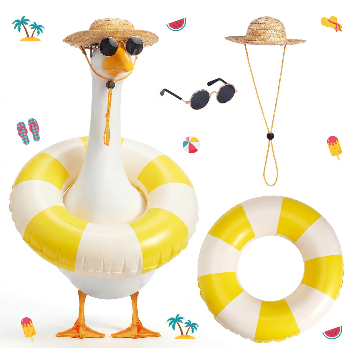Bafeil Porch Goose Summer Outfit 3PCS Set, Straw Hat, Swim Ring, Sunglasses