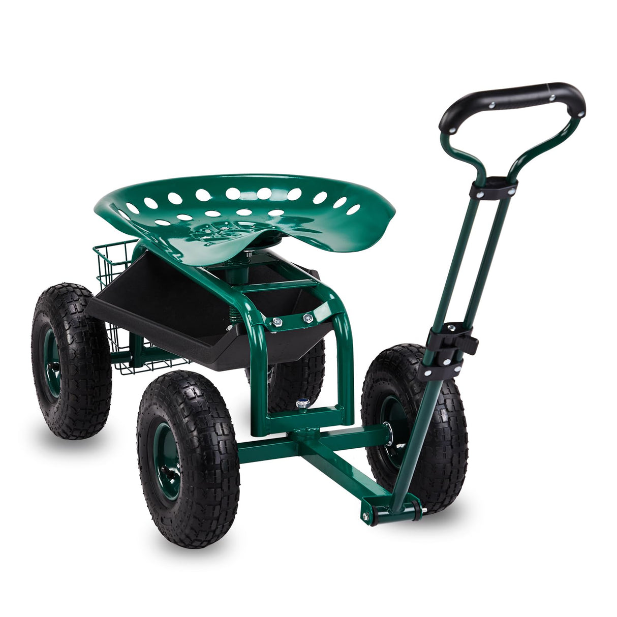 VINGLI Garden Cart with Rolling Seat, Wheels, Adjustable Steering Handle & Utility Tool Tray, Planting Wagon Scooter, Gardening Tool for Senior, for Patio, Backyard, Lawn & Outdoor (Green)