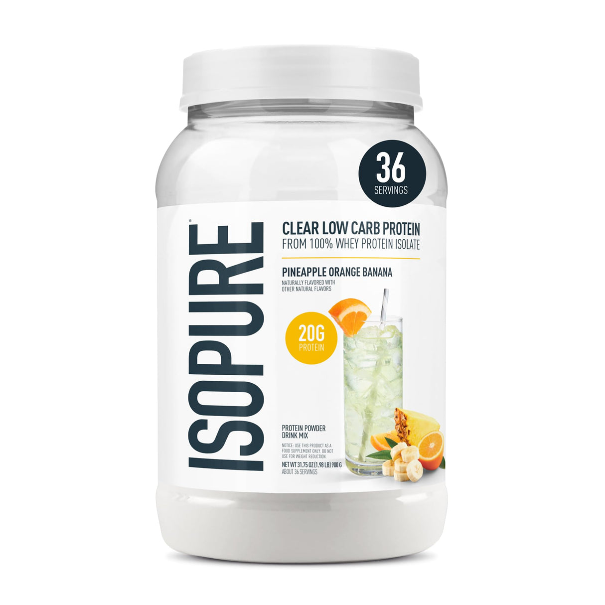 Isopure 100% Pure Whey Isolate Protein Powder Infusions, Lactose Free, Gluten Free, Naturally Flavored, Pineapple Orange Banana, 20g Protein Per Serving, 1.9 Lb, 36 Servings