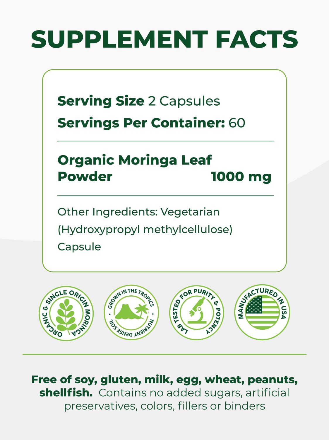 PURA VIDA MORINGA Capsules Single Origin Moringa Powder Organic. Moringa Leaf. Energy, Metabolism, & Immune Support. 120ct. 500mg Caps.