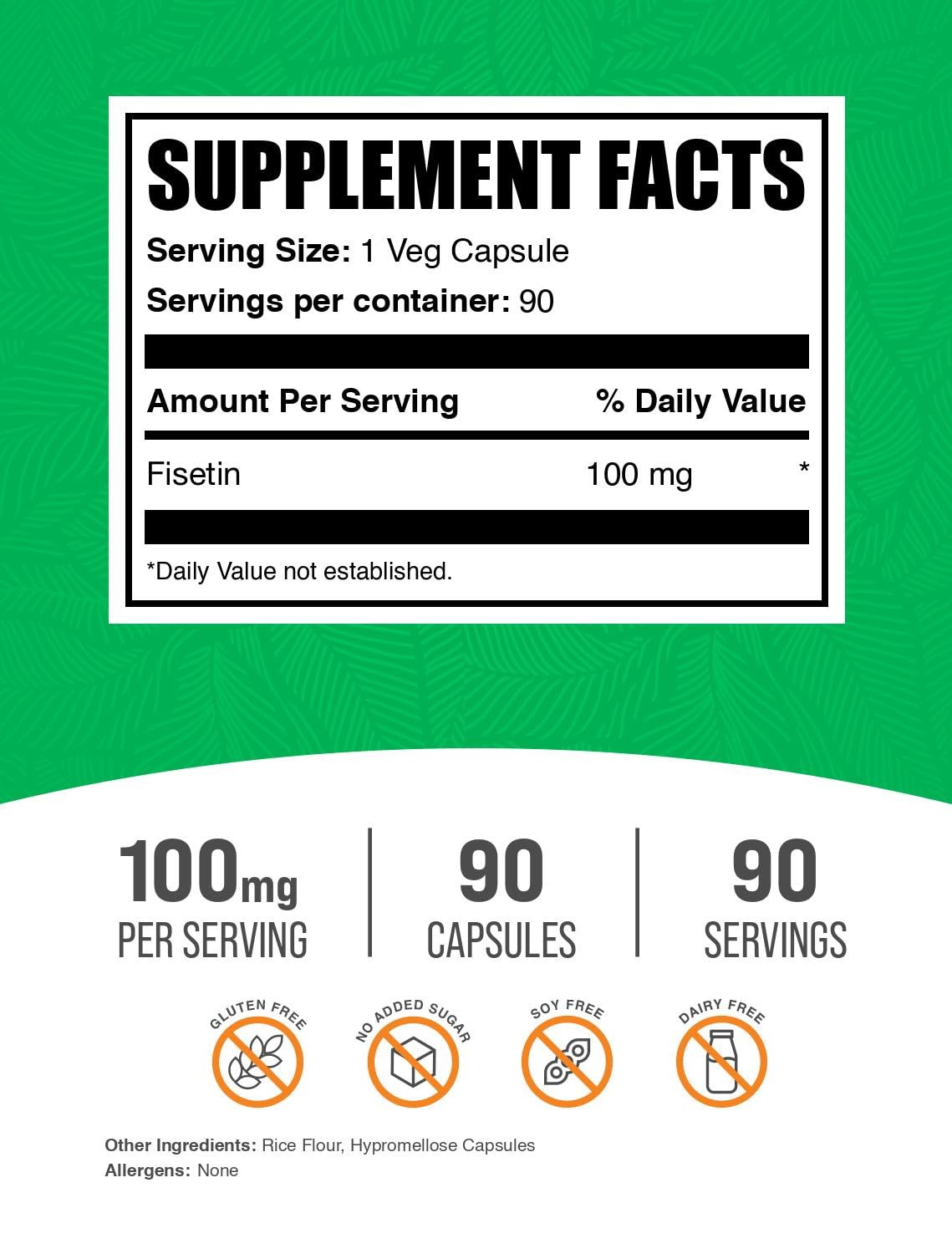 BulkSupplements.com Fisetin Capsules - Fisetin 100mg, Fisetin Supplement - Antioxidants Source, Vegan & Gluten Free, 1 Capsule per Serving, 90 Veg Capsules (Pack of 1)