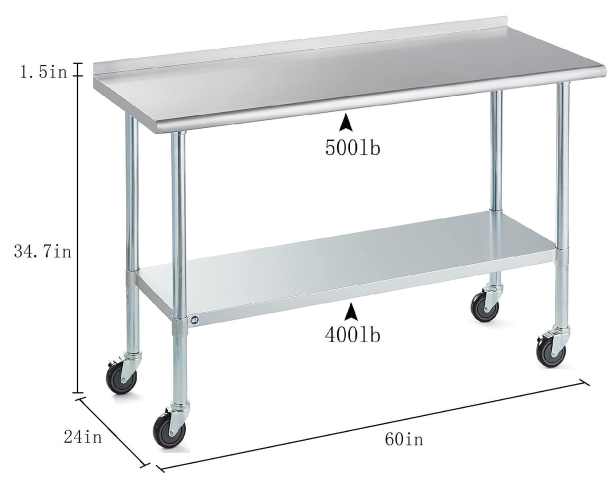 Stainless Steel Table for Prep & Work with Caster & Backsplash 24x60 Inches, NSF Metal Commercial Kitchen Heavy Duty Table with Adjustable Under Shelf and Table Foot for Restaurant, Home and Hotel