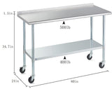 Stainless Steel Table for Prep & Work with Caster & Backsplash 24x60 Inches, NSF Metal Commercial Kitchen Heavy Duty Table with Adjustable Under Shelf and Table Foot for Restaurant, Home and Hotel
