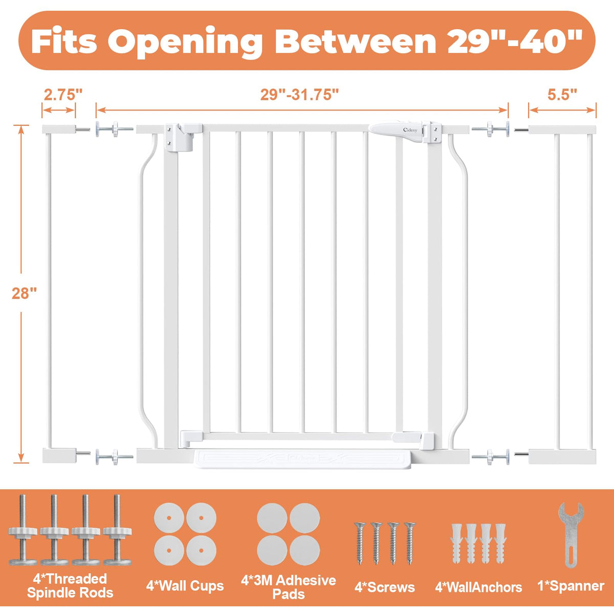 Cideny Baby Gate Auto Close, 29"-40" Dog Gate Indoor for Stairs & Doorways