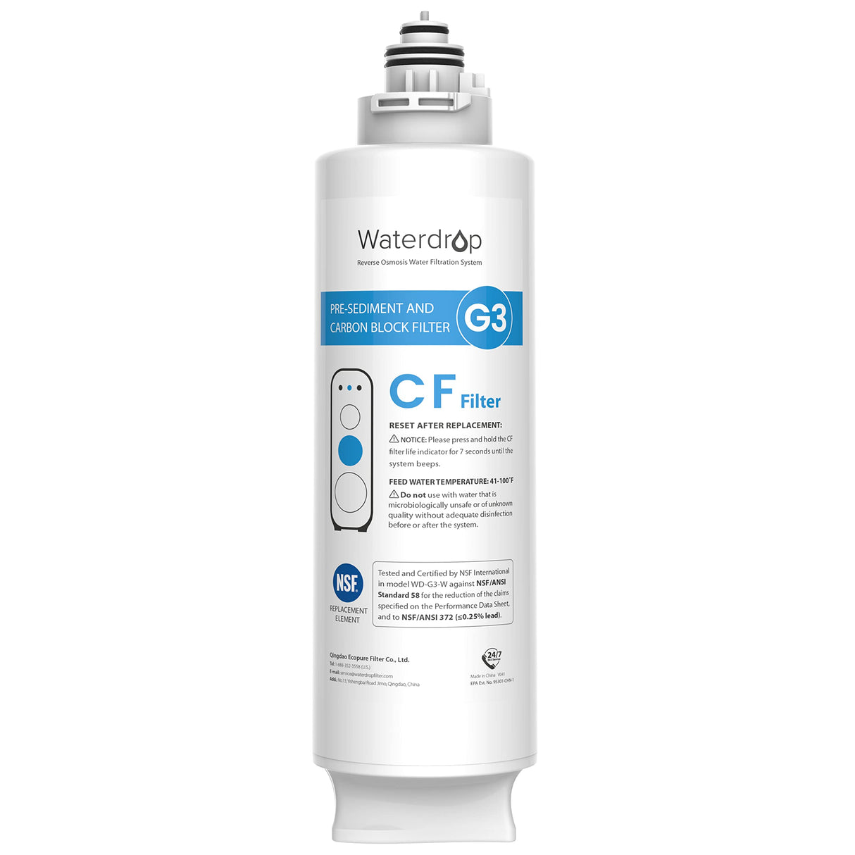 Waterdrop G3-N1CF Filter, Replacement for Waterdrop G3-W & G3P600 & G3P800 Reverse Osmosis System, 6-month Lifetime