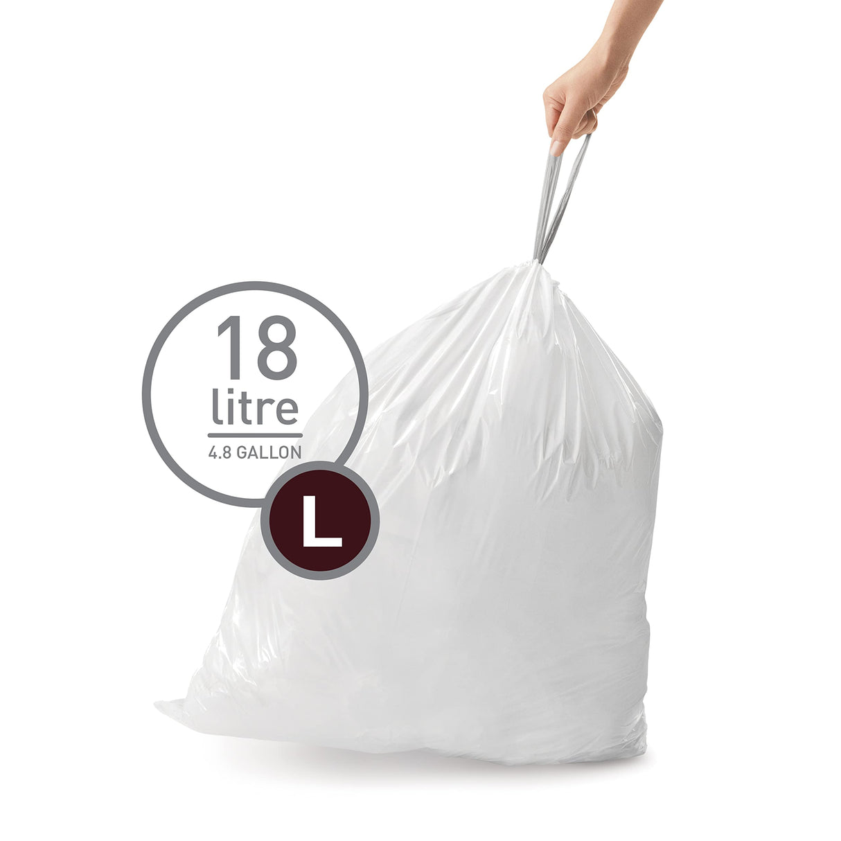 simplehuman Code L 100 Count, Dispenser Pack Custom Fit Liners, Drawstring Trash Bags, 18 Liter / 4.7 Gallon, White