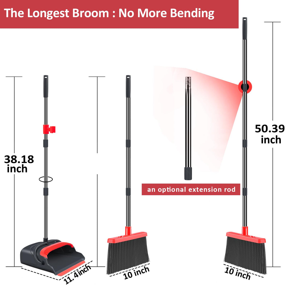 kelamayi Upgrade Broom and Dustpan Set, Broom with Dustpan Combo Set, Large Size and with Long Handle, Upright,Ideal for Indoor Outdoor Garage Kitchen Room Office Lobby Use (Black&Red)