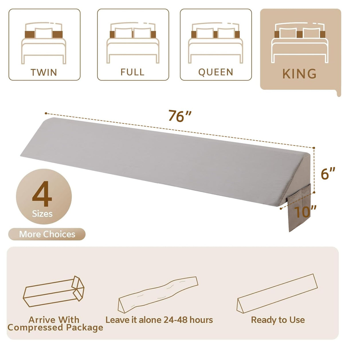 Bedluxe King Bed Wedge Pillow for Headboard, Wedge Pillow Headboard, Bed Gap Filler - Fill The Gap (0-7")(Gray, 76"x10"x6")