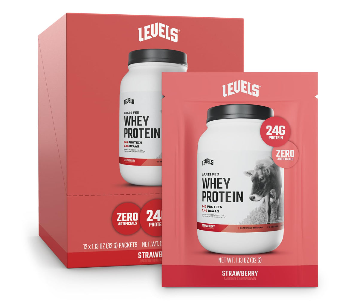 Levels Grass Fed Whey Protein Powder, No Artificials, 24G of Protein, Strawberry, 12 Count
