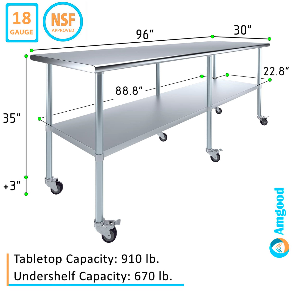 AmGood 30 in. x 96 in. Stainless Steel Work Table with Wheels | Metal Kitchen Food Prep Table | NSF