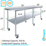 AmGood 30 in. x 96 in. Stainless Steel Work Table with Wheels | Metal Kitchen Food Prep Table | NSF