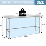 Hally Open Base Stainless Steel Table 24 x 72 Inches, NSF Commercial Heavy Duty Prep & Work Table with Galvanized Legs for Restaurant, Home and Hotel