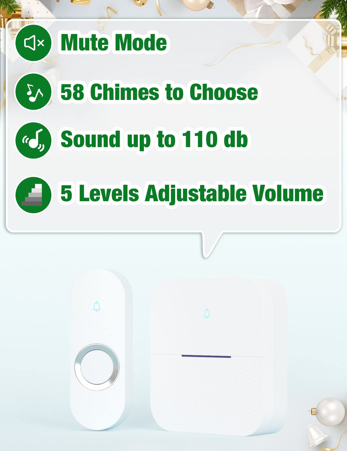 AIDA Lighted Wireless Doorbell for Home, Waterproof Battery Doorbell Wireless 1,000ft Range, 5 Volume Levels with 58 Chimes & LED Flash on Receiver (White, 2 Buttons & 2 Receivers)