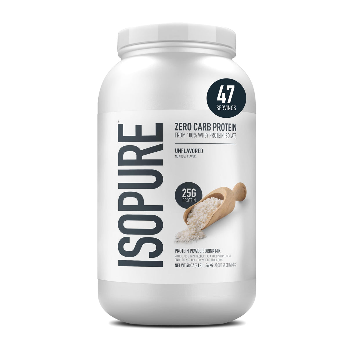 Isopure Protein Powder, Whey Protein Isolate Powder, 25g Protein, Zero Carb & Keto Friendly, No Added Colors/Flavors/Sweeteners, Flavor: Unflavored 3 Pound (Packaging May Vary)