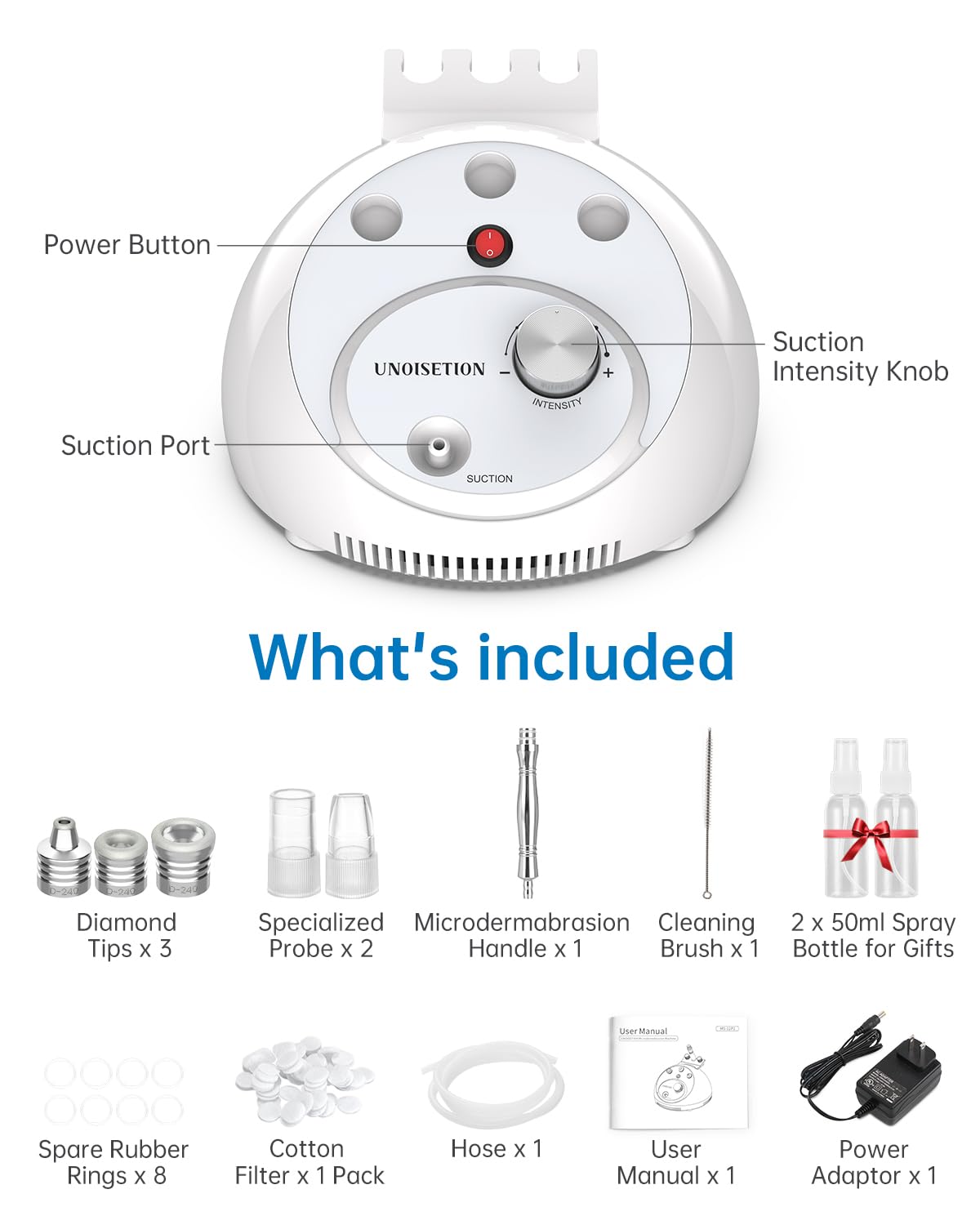 At-home Microdermabrasion Machine, UNOISETION 2 in 1 Dermabrasion Facial Machine for Exfoliation & Blackhead Removal, Diamond Micro Dermabrasion for Skin Care, Beauty Gifts for Women, White