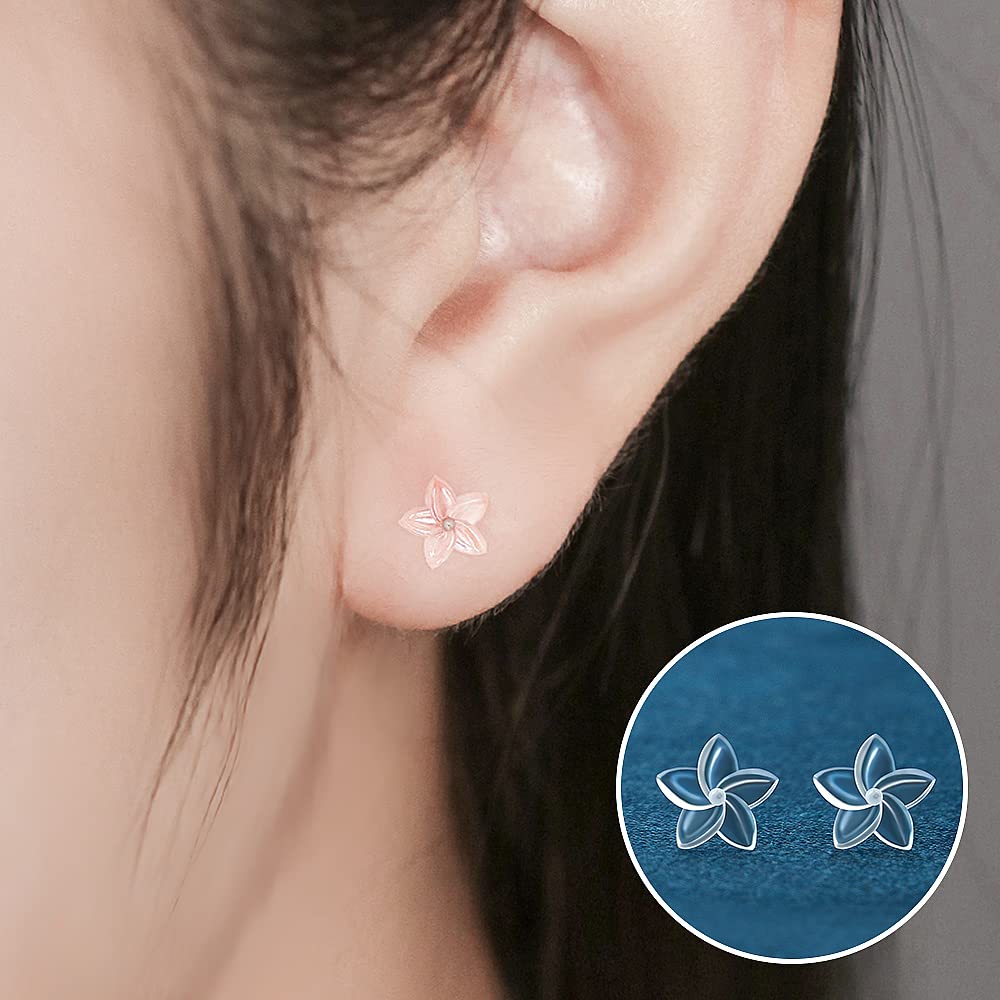 MRI Safe Clear Plastic Earrings for Surgery & Sports, Hypoallergenic Medical Grade Earrings for Sensitive Ears, 20G Silicone Retainer Studs for Women Men - 6 Pairs (Plumeria Flower Design)