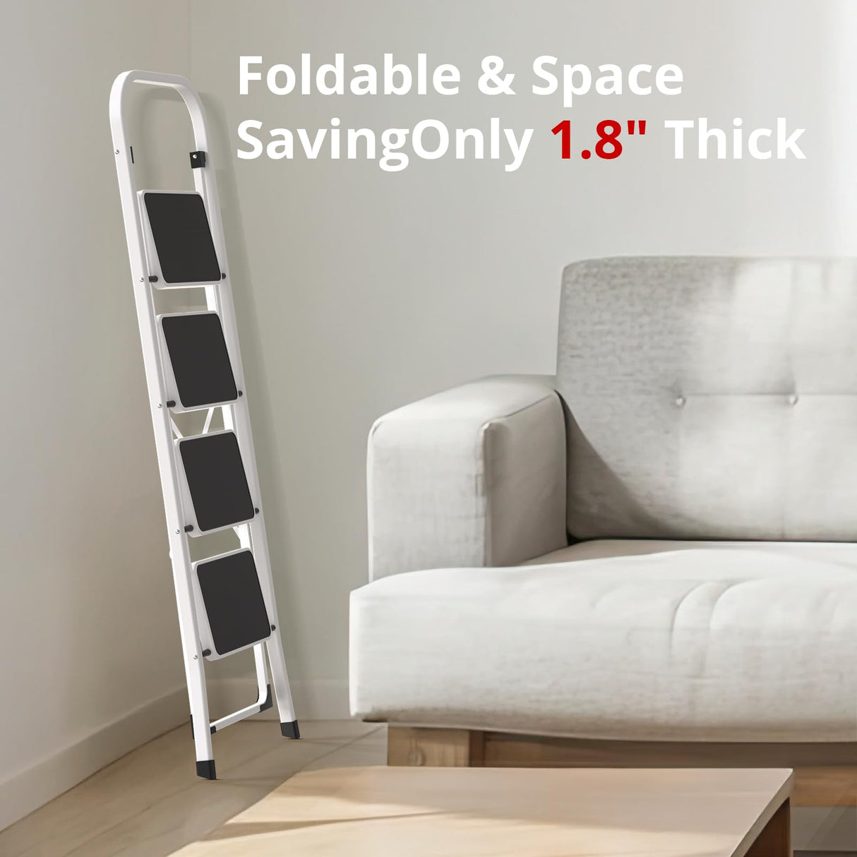 HBTower Step Ladder, Folding Step Stool for Adults with Anti-Slip Pedal, 330 lbs Capacity for Kitchen, Home, White