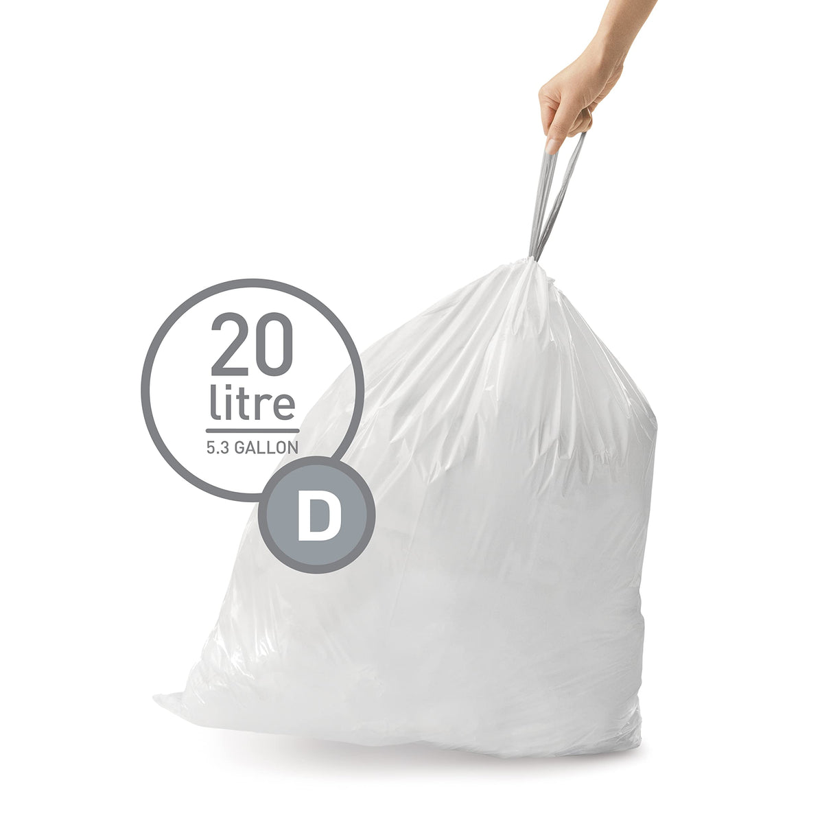 simplehuman Code D 60 Count, Dispenser Pack Custom Fit Liners, Drawstring Trash Bags, 20 Liter / 5.3 Gallon, White