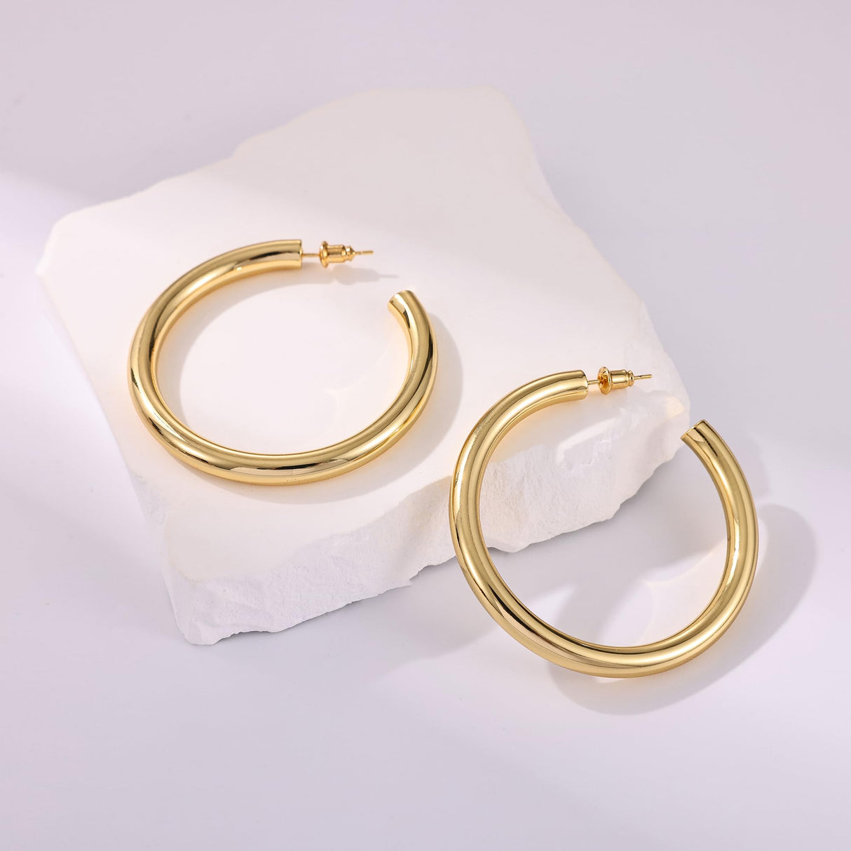 Gacimy Chunky Hoop Earrings for Women 14K Gold Plated, 925 Sterling Silver Post Hoops for Women, 50mm Yellow Color Big Earrings