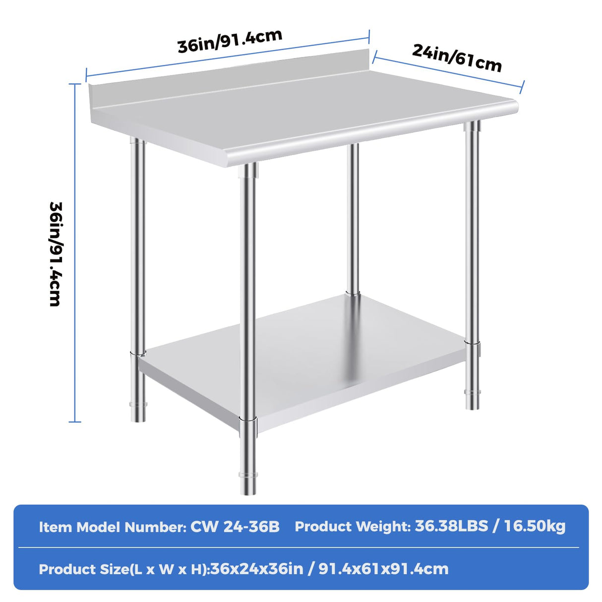 OSTBA Stainless Steel Table for Prep & Work 24x36 Inches with Backsplash, NSF Metal Commercial Heavy Duty Table with Adjustable Undershelf and Foot for Restaurant Kitchen Home and Hotel